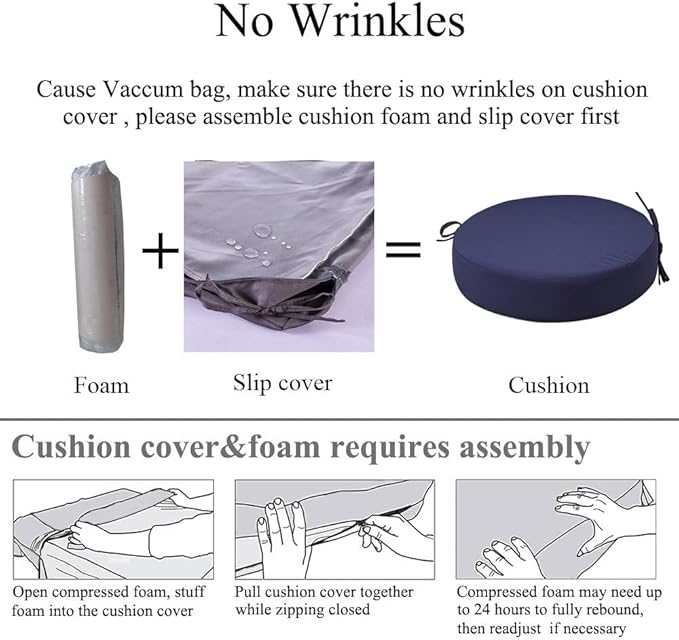 15 x 15 Inch Round Cushions for Outdoor Furniture Non-Slip Waterproof Patio Bistro Chair Cushion with Ties Bar Stool Seat Cushion for Kitchen Chairs Set of 2, Navy Blue