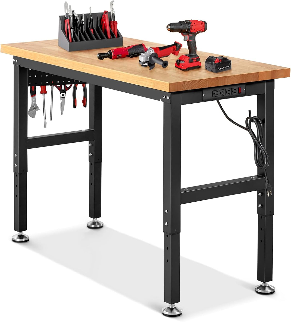 Work Bench for Garage Workbench with Pegboard Adjustable Height Work Table for Shop Woodworking, 48 x 20 Heavy Duty Rubber Wood Top for Office, Home, Commercial