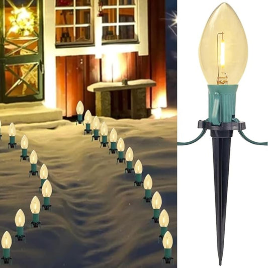 C9 Christmas Pathway Lights, 38FT C9 Christmas Pathway String Lights with 25 Clear LED Light Bulbs and Stakes for Outdoor Walkway Driveway Backyard Christmas Decorations