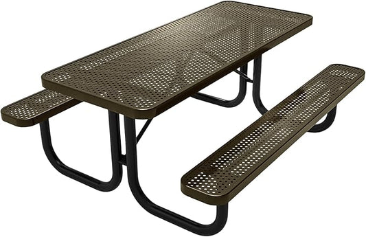Heavy-Duty Portable Outdoor Picnic Table, Thermoplastic Coated Punched Steel Commercial-Grade Patio Dining Furniture Made in America (6ft Rectangular, Textured Gold Vein)