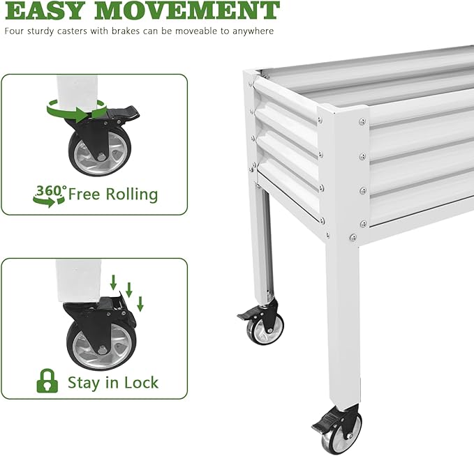 A ANLEOLIFE 3-Set Galvanized Raised Garden Bed with Legs,48x24x35in Large Elevated Planter Box on Wheels with Drainage Holes for Backyard, Balcony, Patio, 600lb Capacity, Antique White