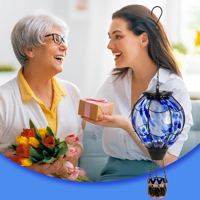 2PCS Solar Hot Air Balloon Lantern with Flickering Flame,Blue Glass Hot Air Balloon Solar Lanterns Outdoor Waterproof Hanging Decorative Light for Patio Porch Yard,Garden Gifts for Women