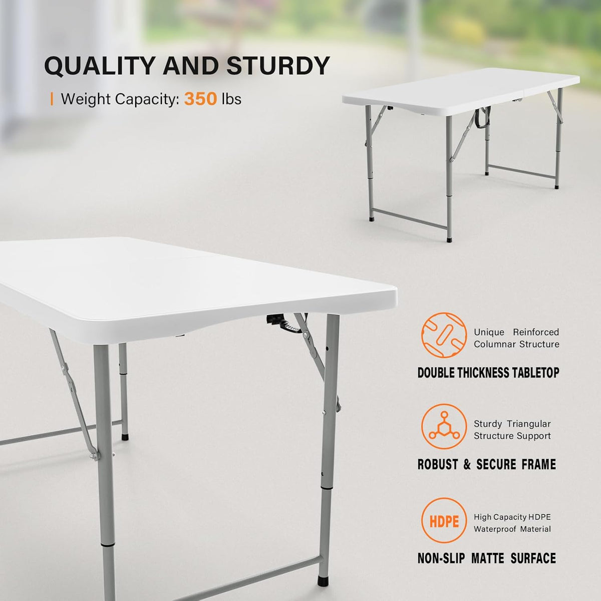 VINGLI 4 FT Plastic Folding Camping Table,3-Level Adjustable Height, Portable in/Outdoor Party Picnic Dining Desk, Garden Soccer Multipurpose Entertaining Activities，White