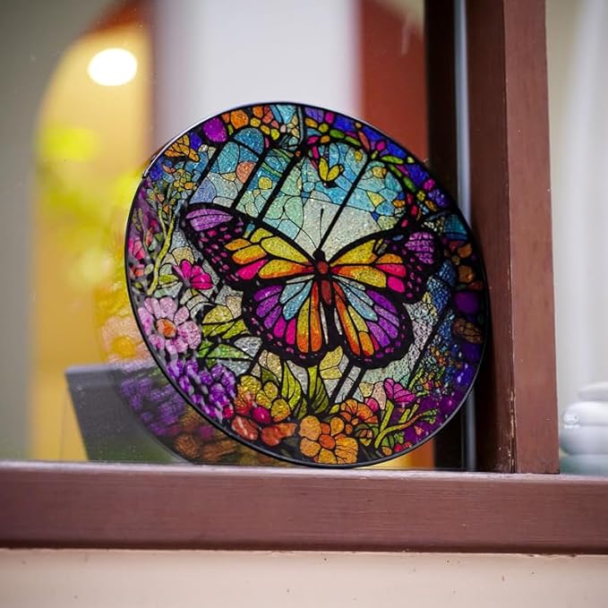 Butterfly Stained Glass Suncatcher Artistic Window Hanging,7.8” Hand-Painted Glass Panel Wall Home Decor,Gift for Women Garden Decor Suncatcher, BL009