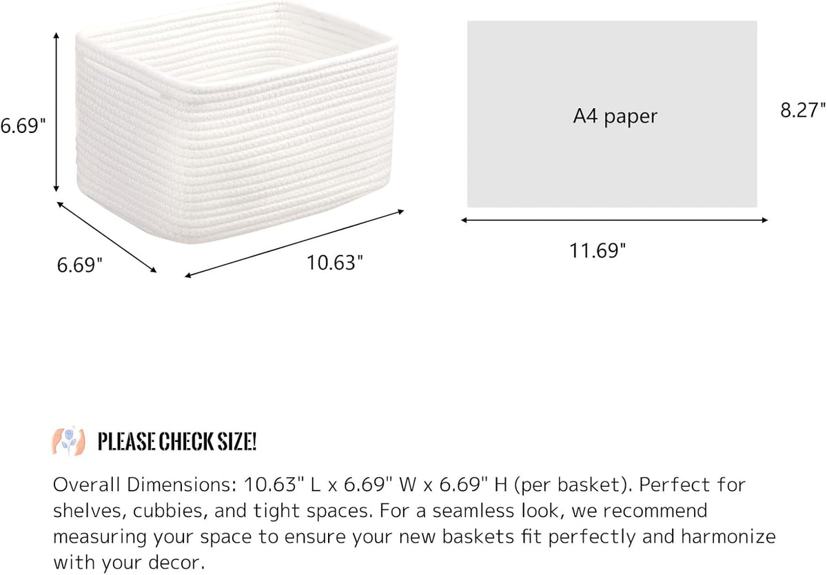 Small Cotton Rope Basket – Storage Bin for Organizing (10.6" x 6.7" x 6.7"), Bathroom Storage Basket for Shelf, Counter & Closet（White）
