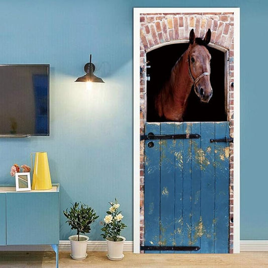 Horse 3D Door Stickers Murals - Peel & Stick - Waterproof & Washable - Matt Finish - Rustic Style - Blue Horse Print - 30.3" x 78.7" (2 Parts) - Door & Wall