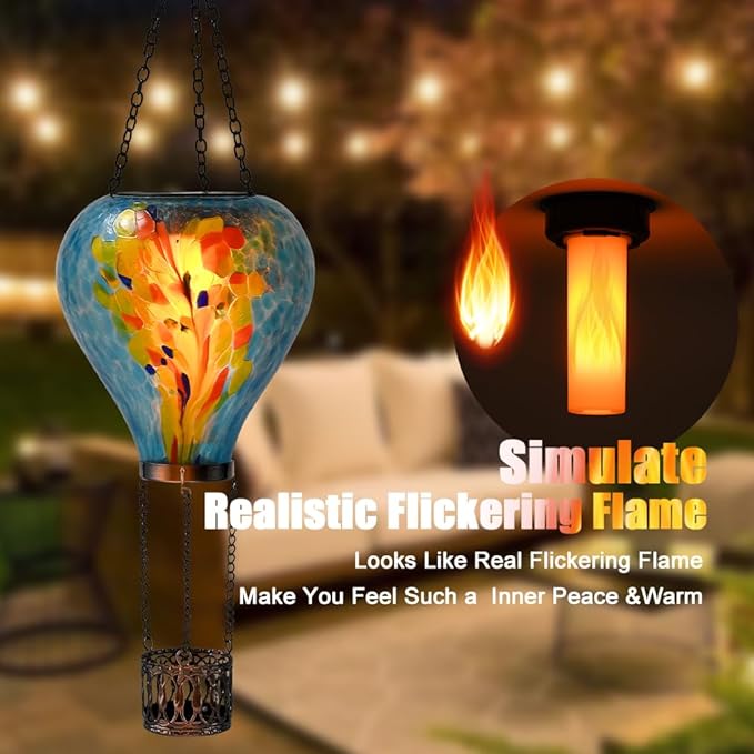 Hot Air Balloon Solar Lantern - Stained Glass Lantern with Simulated Flickering Flame, Outdoor Hanging Yard Light Waterproof IP65 & Weather Resistant for Garden Patio Lawn Porch Decor Gfit