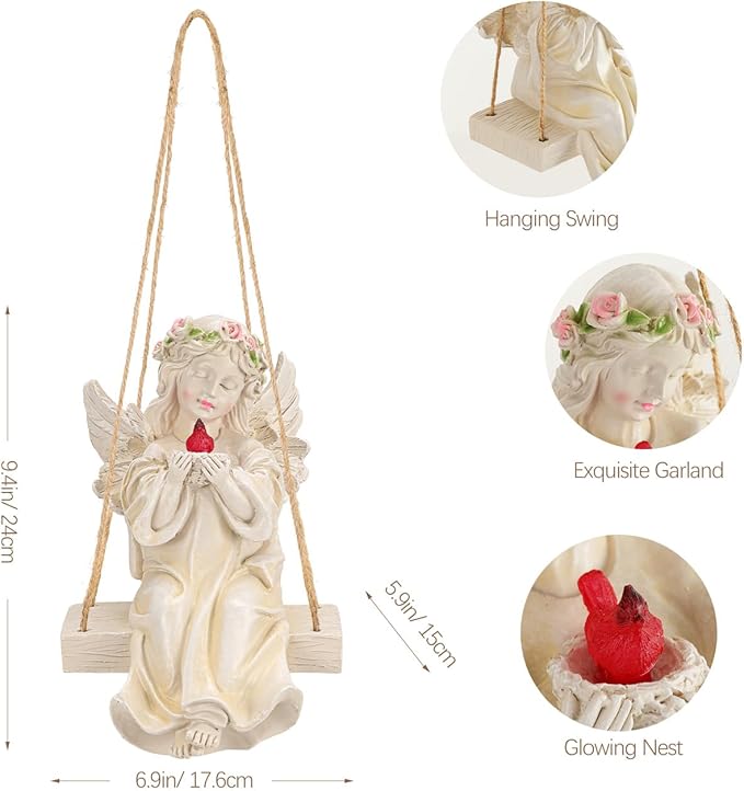 Angel Garden Statue,Fairy Solar Garden Decor with Warm Light,Waterproof Angel Statue with Swing & Holding Bird,Outdoor Garden Decor for Lawn Yard Patio Windowsill Garden Gifts, Apricot