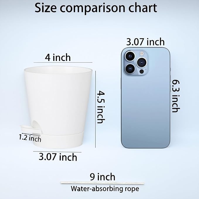 12 Pack 4 Inch Self Watering Plant Pots with Drainage and Saucers，Plastic Flower Pots for Indoor and Outdoor Plants, Nursery Planters for Houseplants and Herbs White, 4 inch 12pcs