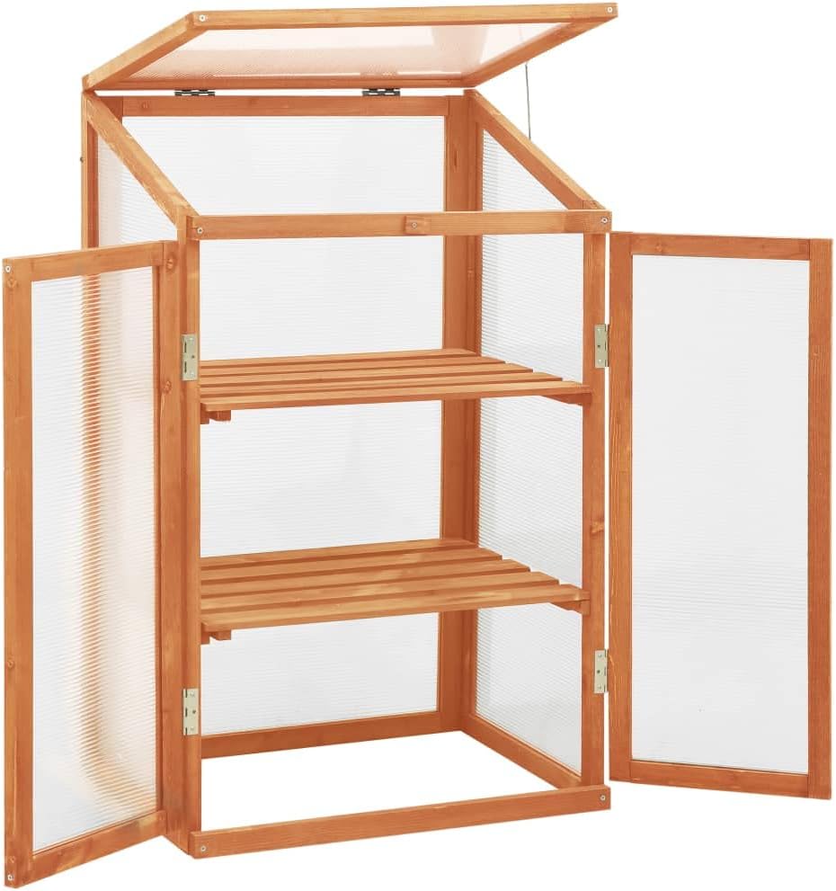 Solid Firwood Garden Portable Wooden Greenhouse with 2 Shelves and Open Bottom, Mini Greenhouse Cabinet 23.6"x17.7"x39.4"/Brown