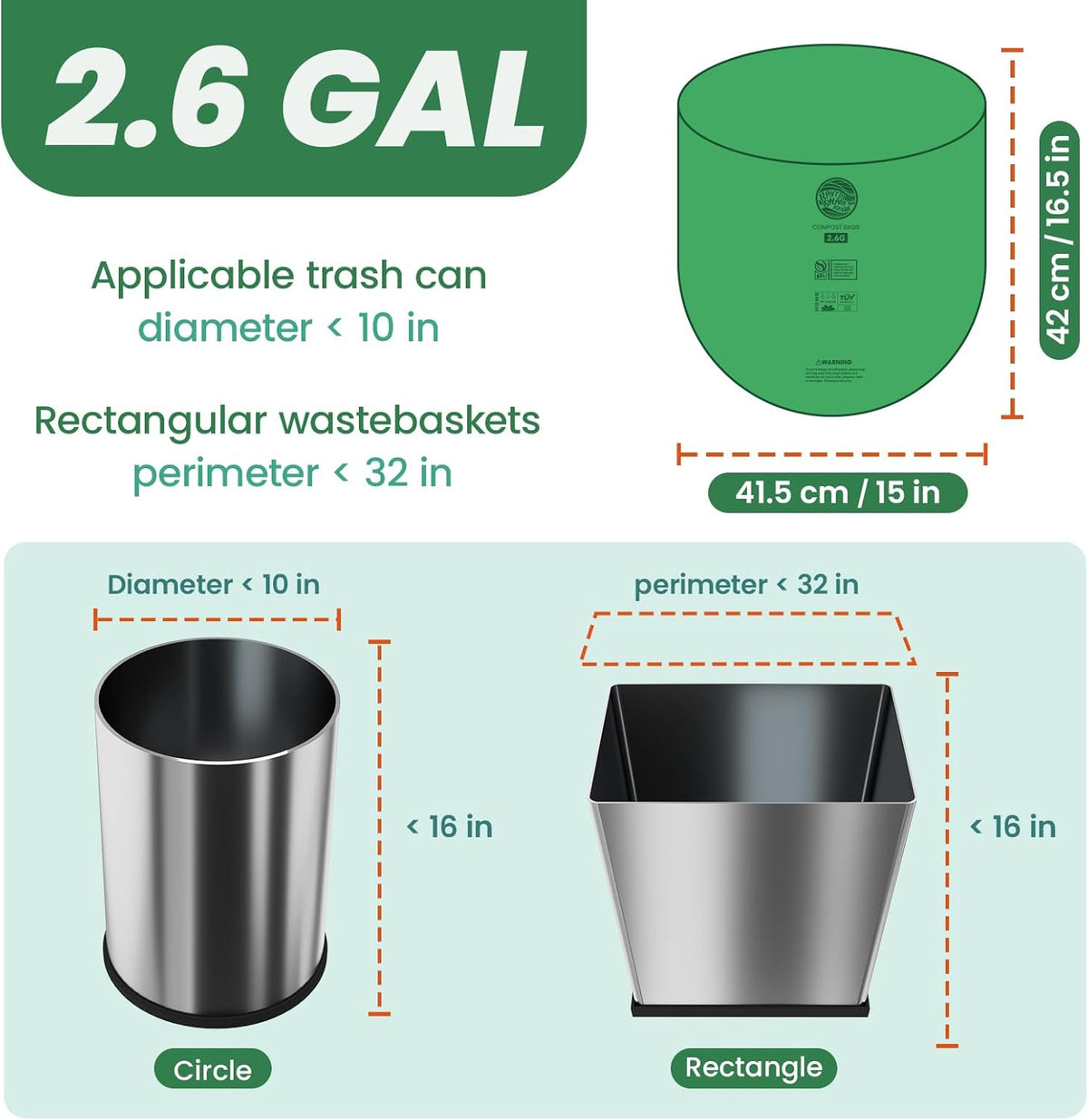 RAYTID Compostable trash Bags 2.6 Gallon Compost Bags for Kitchen Countertop Bin 1.3,2,3, Gallon, 120 Count,Small Kitchen Food Scrap Waste Bags,ASTM D6400, US BPI & Europe OK Compost Home Certified