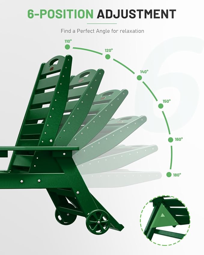 Chaise Lounge Outdoor with Wheels, Adjustable 6-Position Chaise Lounge Outdoor, Patio Lounge Chair for Poolside Backyard, Green