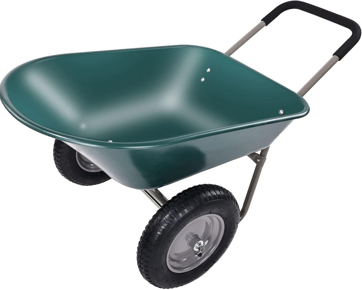 Wheelbarrow Garden Cart, Heavy Duty Home Utility, Dual-Wheel Home Garden Yard Utility Wheelbarrow Cart with Built-in Stand, Green