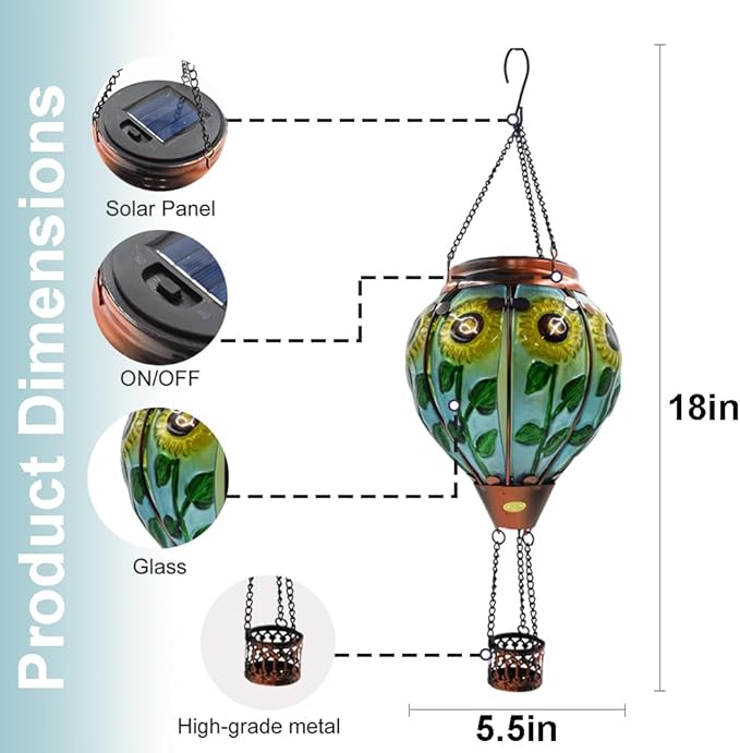 Hot Air Balloon Solar Lantern with Flickering Flame, Glass Hanging Garden Lights Outdoor Waterproof for Tree Yard Patio Mother's Day Gift, 18" H Sunflower