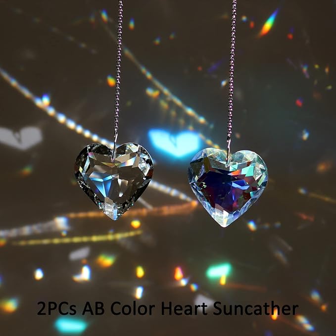 2PCS Simple Geometry Crystal Sun Catcher Prisms, STINO Hanging Suncatchers with Glass Prism, Rainbow Maker for Windows, Balcony, Kitchen, Garden Decoration (1, Heart ABColor 2Pcs)