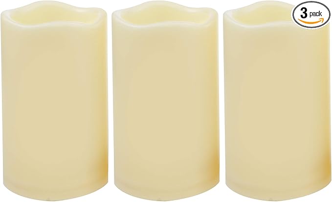 CANDLE CHOICE 3 Waterproof Outdoor Battery Operated Flameless LED Pillar Candle with Timer Flickering Plastic Resin Electric Decorative Light for Lantern Patio Garden Home Decor Party Wedding