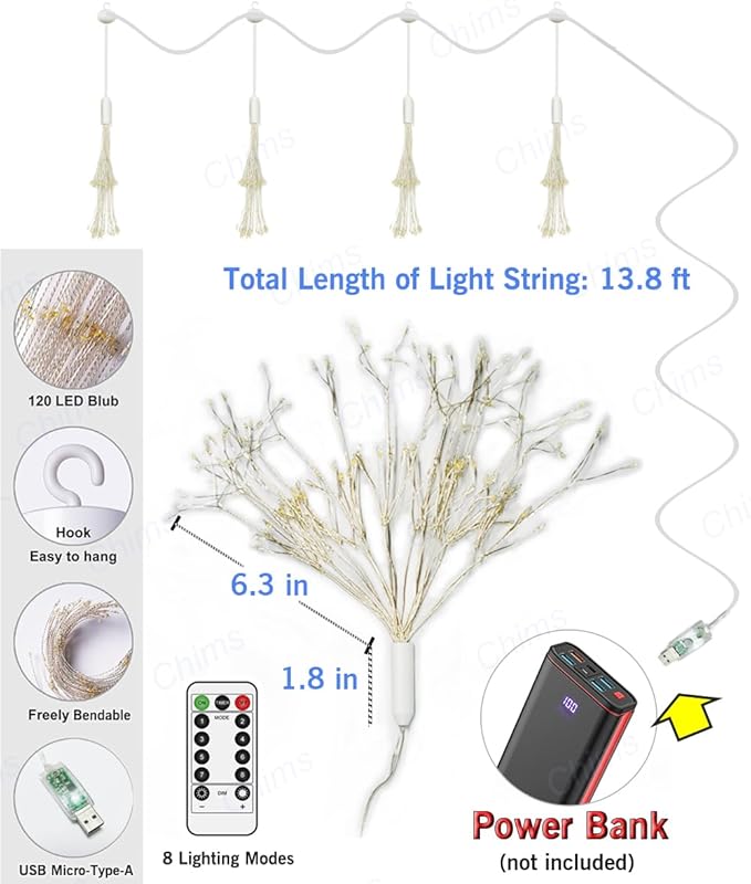 4 Pack Firework Lights, Yellow and White Patio Fairy Light Lighting Star Fireworks Sphere Fancy 120 LED DIY Dandelion Decoration Light with Remote, for Outdoor Bar Tree Wedding Party Restaurant