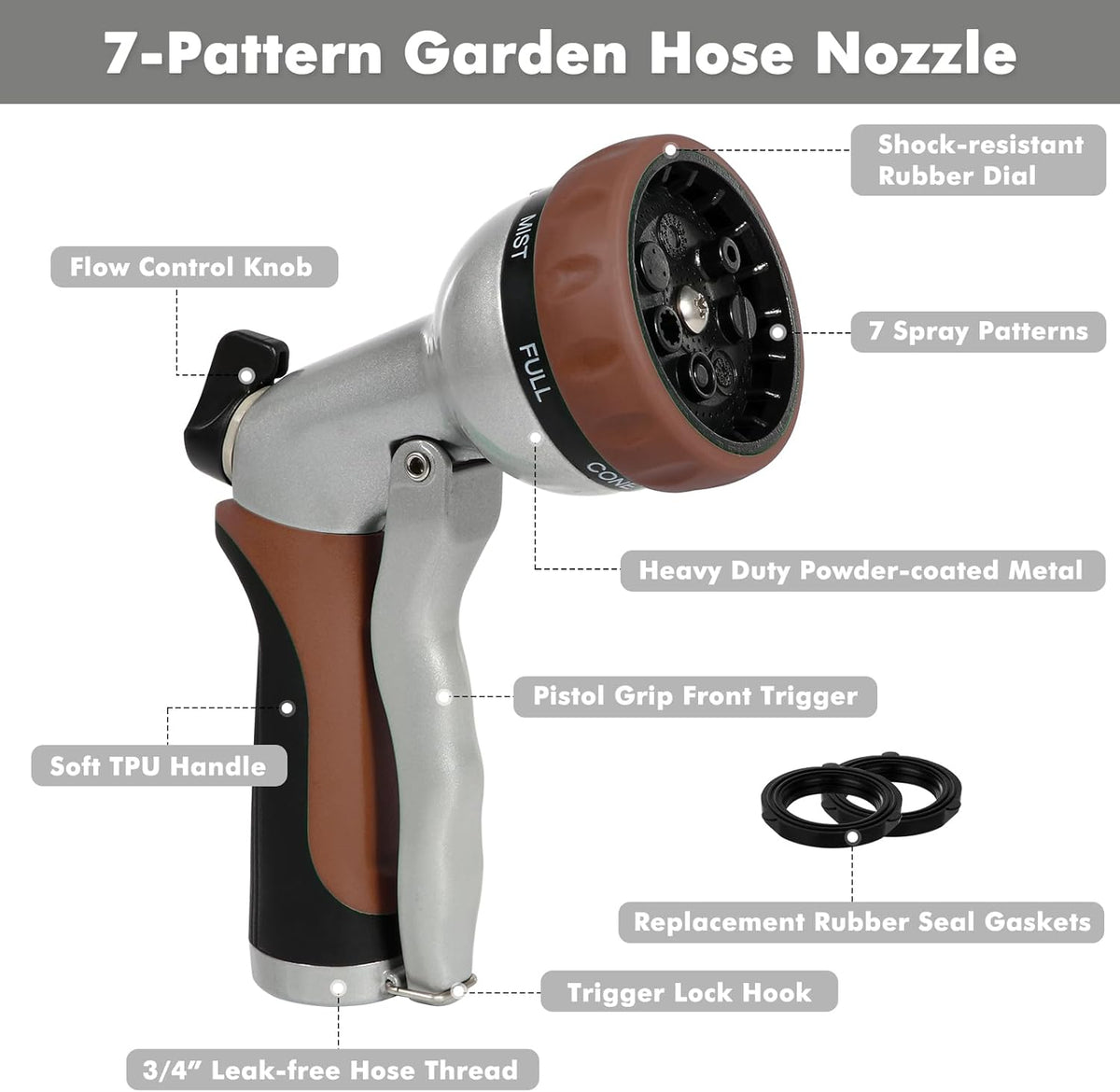 RESTMO Garden Hose Nozzle, Heavy Duty Metal Water Hose Nozzle with 7 Adjustable Spray Patterns, High Pressure Hand Sprayer with Flow Control, Best for Watering Plant & Lawn, Washing Car & Pet, Brown