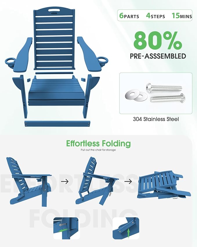 Adirondack Chairs Set of 4, Outdoor Fire Pit Chairs, HDPE All-Weather Adirondack Chairs with Cup Holder, Lawn Chair for Deck, Patio, Garden (NavyBlue)