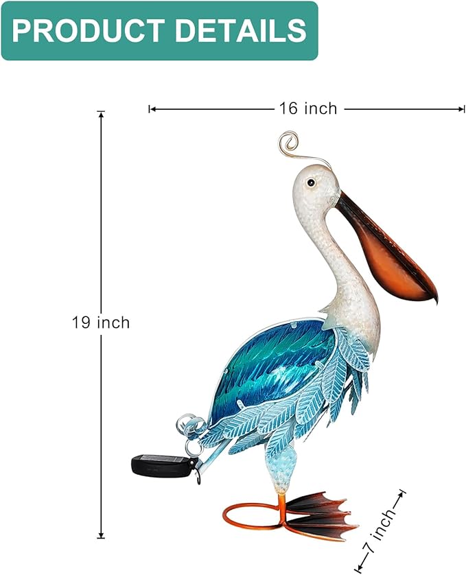 HONGLAND Solar Metal Pelican Statues Garden Sculpture & Statues, 19 Inch Glass Outdoor Pelican Yard Art Coastal Ocean Bird Decor Lawn Ornament for Backyard Porch Patio Decor（Blue）