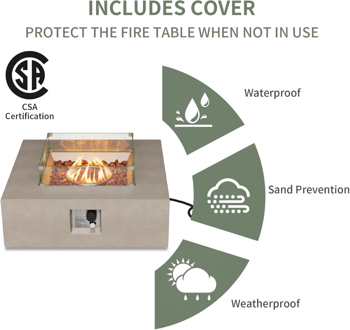 COSIEST 35-inch Square Outdoor Sandstone Propane Fire Pit w Wind Guard and Side Table, CSA Certified, 50,000 BTU Stainless Steel Burner, Free Lava Rocks and Rain Cover, Metal Lid(Gray)