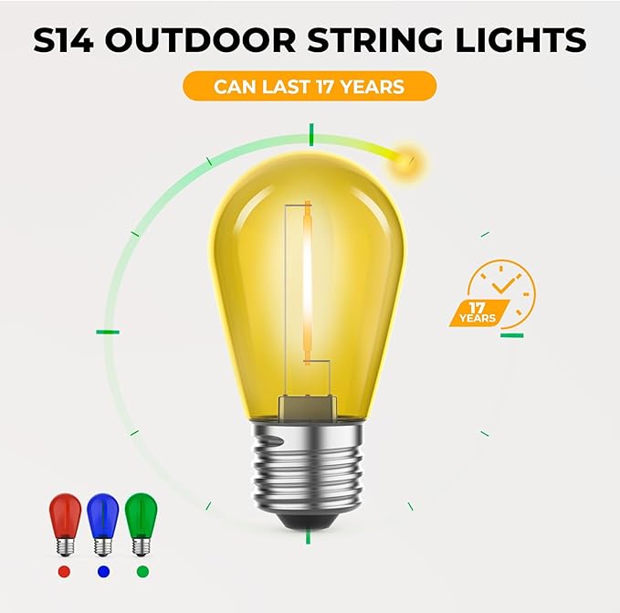 24 Pack LED S14 Colored Light Bulbs for Outdoor String Lights, Shatterproof 1W Replacement Bulbs for Patio Lights, Dimmable, 2200K Warm White, E26 Base, Multi-Color: Red/Blue/Yellow/Green