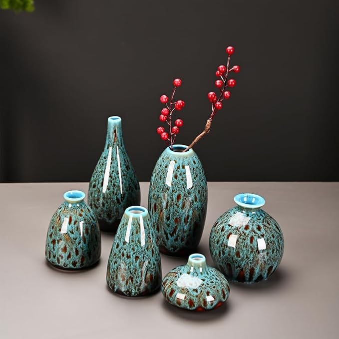 Ceramic Bud Vase Set, Fambe Blue Glazed Finish, Decorative Flower Vases (Blue-Set of 6)