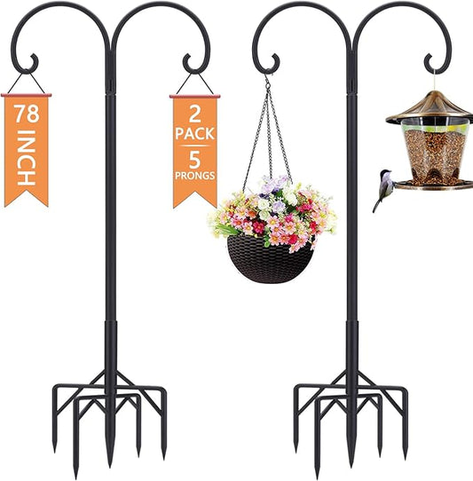 Bird Feeder Pole, Double Shepherds Hooks for Outdoor, 5 Base Prongs Adjustable Stand for Hanging Heavy Duty Feeders, Plant Baskets, Garden Plant Hanger Stands (78Inch, 2 Pack)