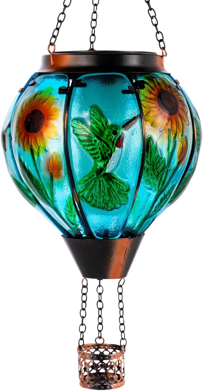 Hummingbird and Sunflower Solar Hot Air Balloon Lantern with Flame, Glass Hot Air Balloon Solar Lantern Outdoor Waterproof, Hanging Solar Lantern for Outside Garden Patio Tree Porch Yard