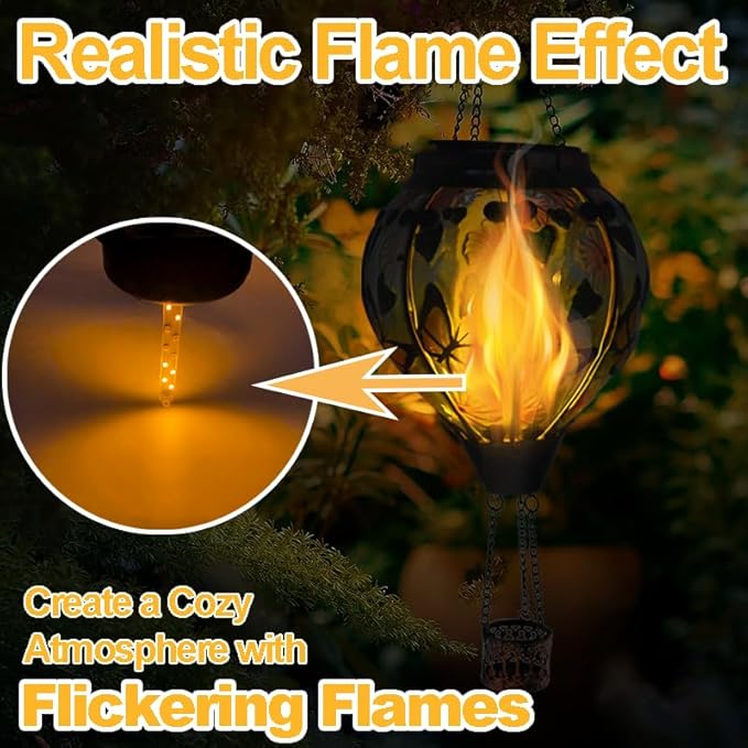 Hot Air Balloon Solar Lantern with Flickering Flame, Glass Hanging Garden Lights Outdoor Waterproof for Tree Yard Patio Mother's Day Gift, 18" H Butterfly