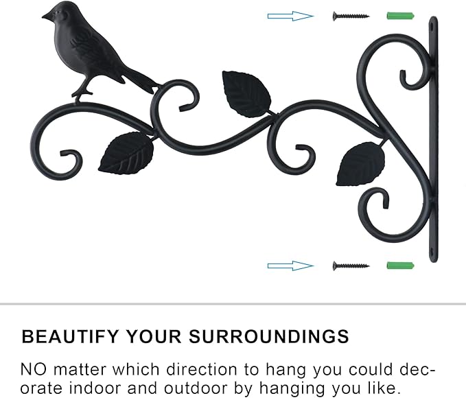 Hanging Plants Bracket 12" Bird Planter Outdoor Hooks Hangers for Flower Baskets Pot Bird Feeder Wind Chimes Lanterns Patio Garden Outdoor Indoor Metal Black, 2 Pack