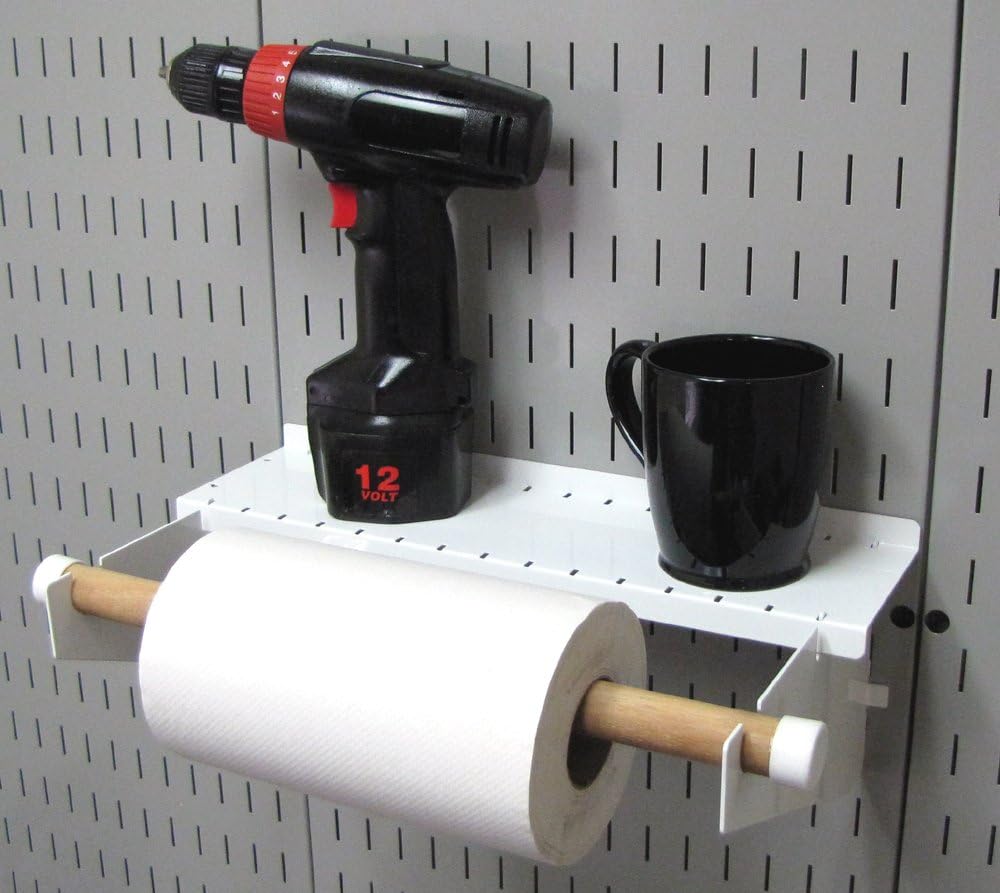 Wall Control Pegboard Organizer 4 ft. Metal Pegboard Standard Tool Storage Kit & Pegboard Paper Towel Holder and Dowel Rod Pegboard Shelf Assembly for Pegboard and Slotted Tool Board – White