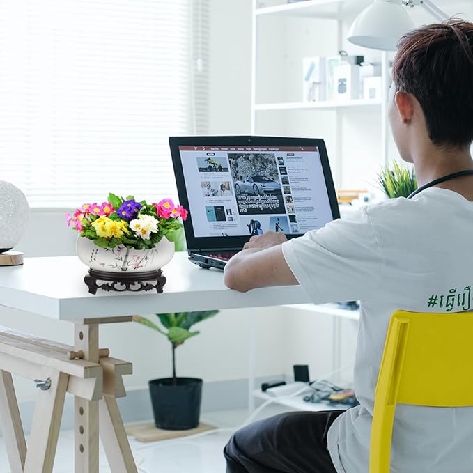 Ceramic Chinese Pot with Base Hydroponic Pot White Water Lily Bowl Ceramic Planter for Home Office Garden 7 Inch