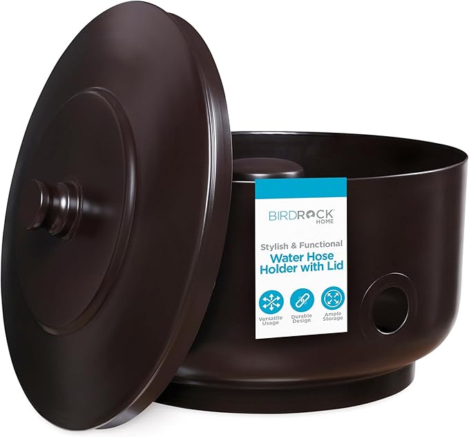 BirdRock Home Decorative Footed Water Hose Holder Pot with Lid | Holds 100ft Hose | Ground Garden Box | Powdered Coated Steel | Metal Hider | Outdoor or Indoor (Oil Rubbed Bronze)