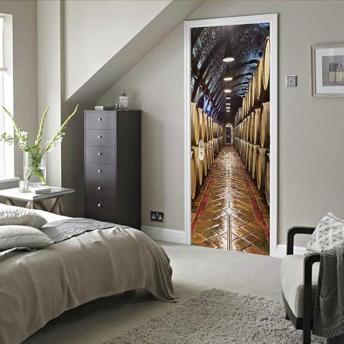 3D Door Stickers Murals - Peel & Stick Wine Cellar Theme - Removable PVC Waterproof Door Poster, 37.4" x 78.7" for Bedroom & Living Room