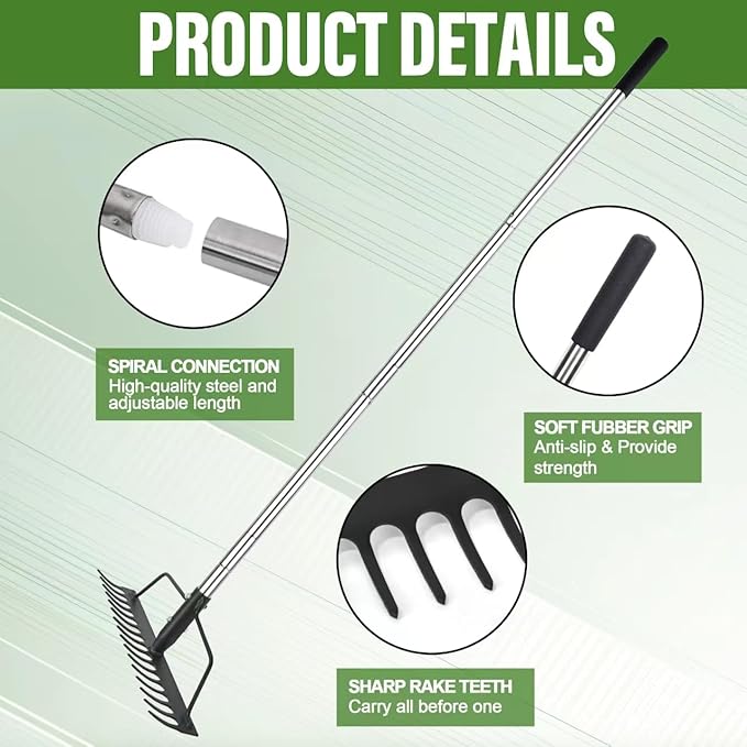 15 Inch Wide Bow Rake, 16 Steel Tines Metal Head Rake Tool with Stainless Steel Handle, Adjustable Long Handle Garden Rake for Loosening Soil Leveling Mulch Gathering Lawns Leaves