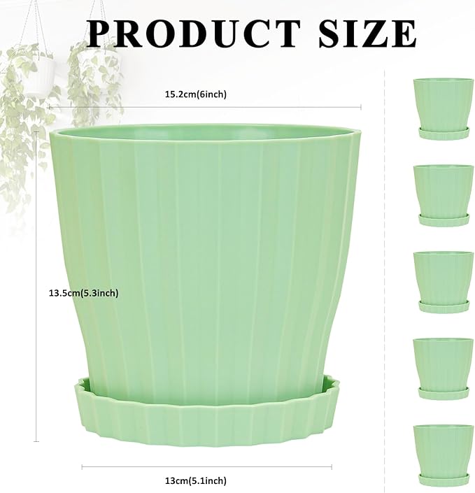 5 Pack Flower Pots for Indoor Plants, 6 inch Plant Pots Outdoor Planters for Porch Garden Office Home Decorative Holiday with Drainage Holes and Saucers, Plastic Planter Nursery Pots Green
