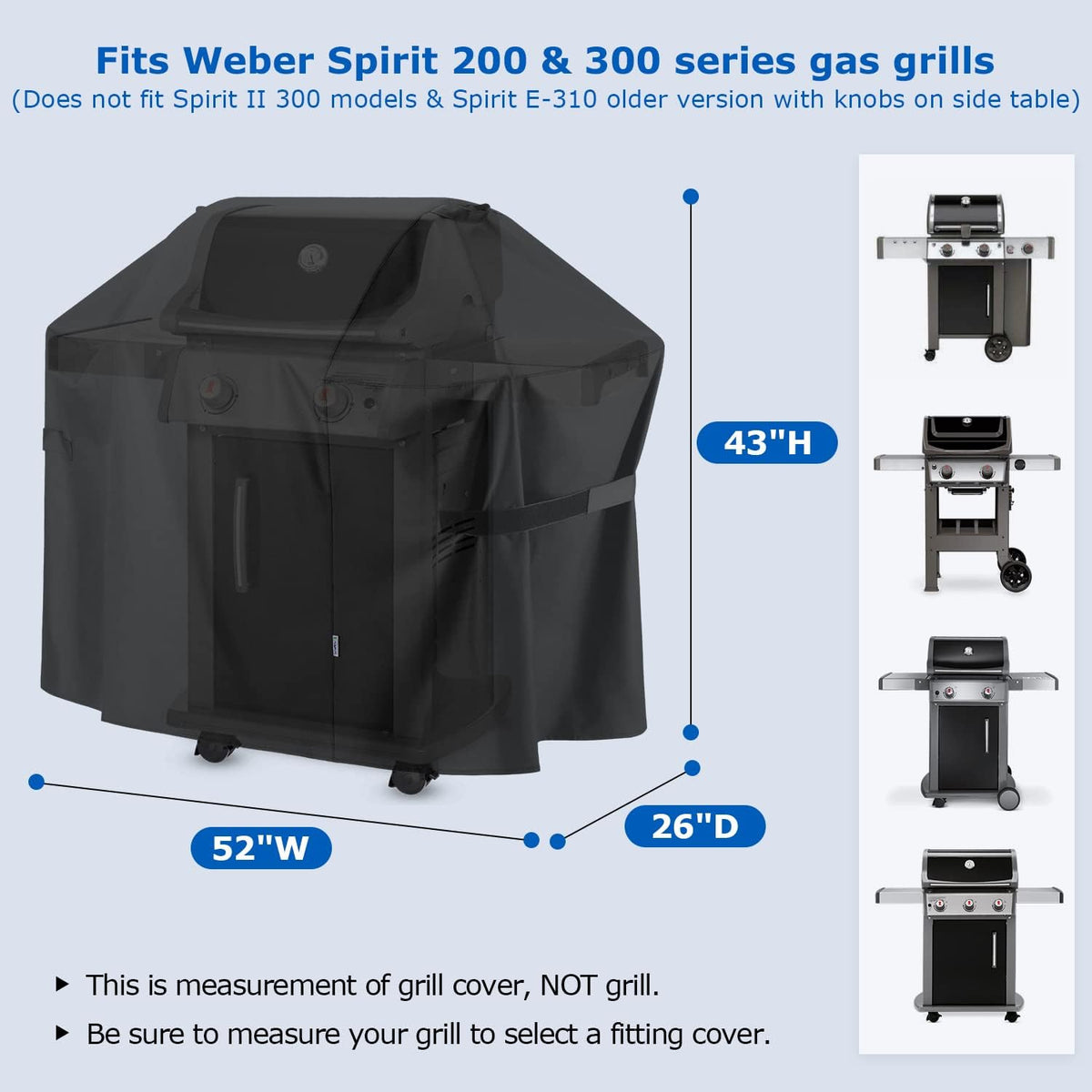 SunPatio BBQ Grill Cover 52 Inch, Outdoor Durable Waterproof Gas Barbecue Cover, Compatible for Weber Spirit 200 and 300 Series, Charbroil and Kenmore Grills, Compared to Weber 7106, 52" x 26" x 43"H