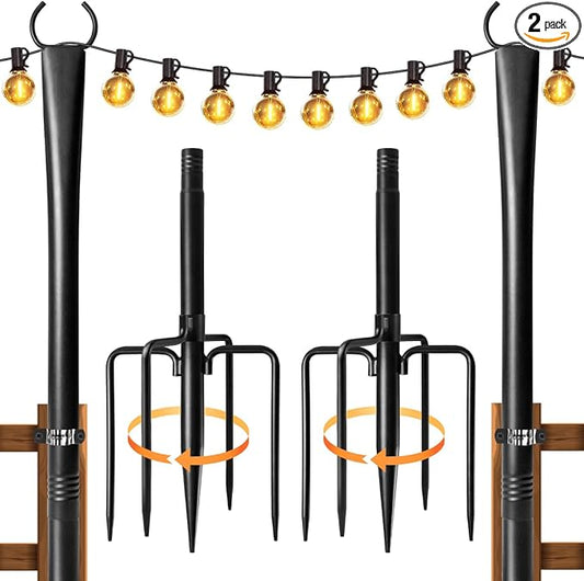2 Pack String Light Poles for Outside, Thickened Metal Lights Hanger Pole Outdoor with Fork, Lighting Hanging Post Accessories for Patio Decor Garden Backyard Yard Front Porch Outside Decorations