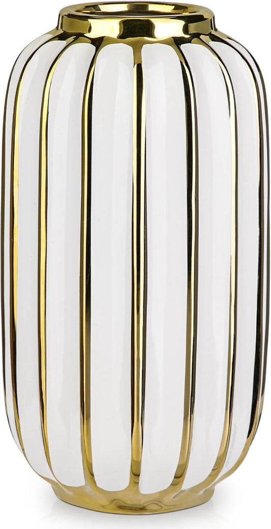 Briful Gold Plated Lantern Ceramic Vase Home Decor Creative Design Porcelain Decorative Flower Vase 11.02'' White Ceramic Vases for Wedding Anniversary Decoration
