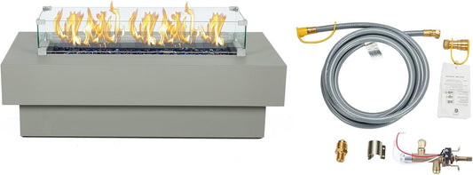 48-inch Fire Table with Natural Gas Conversion Kit & Wind Glass Shield, 50,000BTU Outdoor Modern Patio Fire Pit Table w/Rectangular Burner Lid, Glass Rocks, Cover