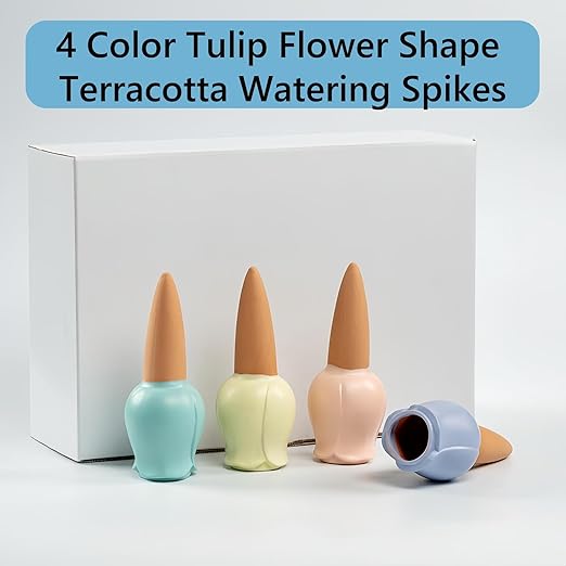 4 Pack Plant Watering Devices, Tulip Flower Shape Terracotta Watering Spikes, Vacation Self Watering Planter Insert, Terra Cotta Watering Spike for Indoor Outdoor Plants