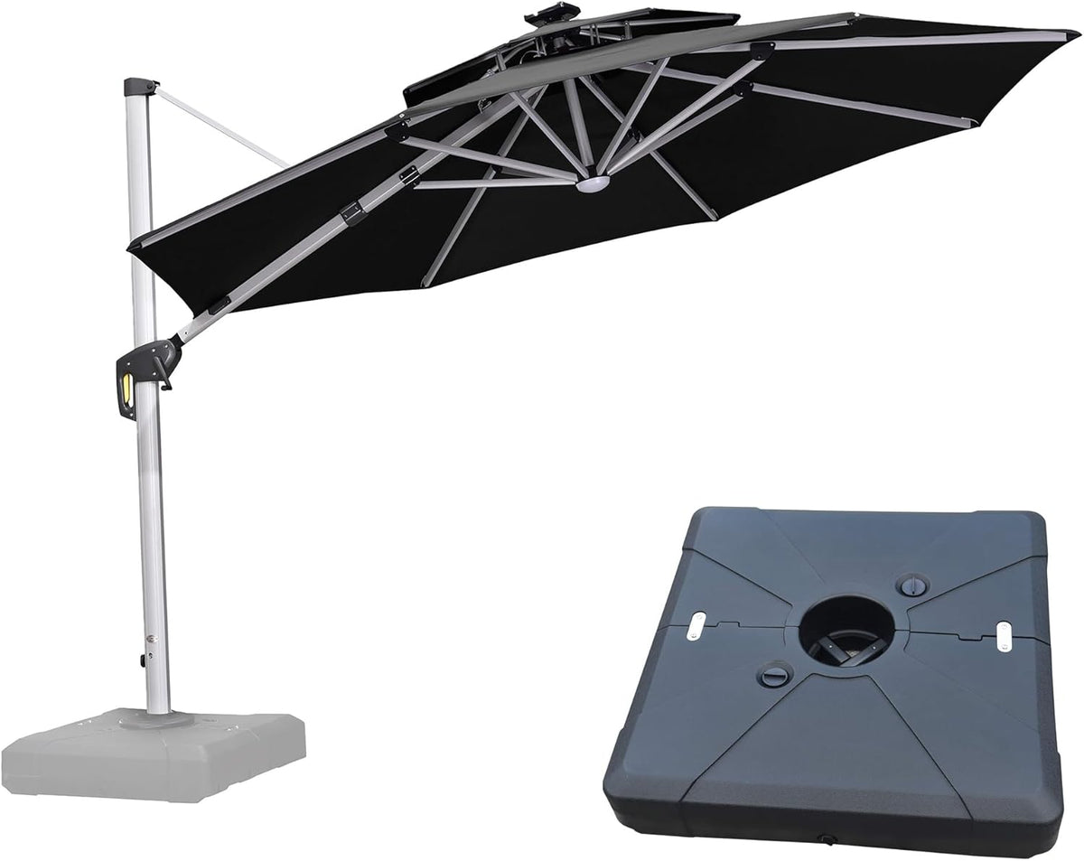 PURPLE LEAF 11ft Patio Umbrella With Base Solar powered LED Cantilever Umbrella with LED lights Windproof Outdoor Offset Umbrella for Garden Deck Pool Patio, Black