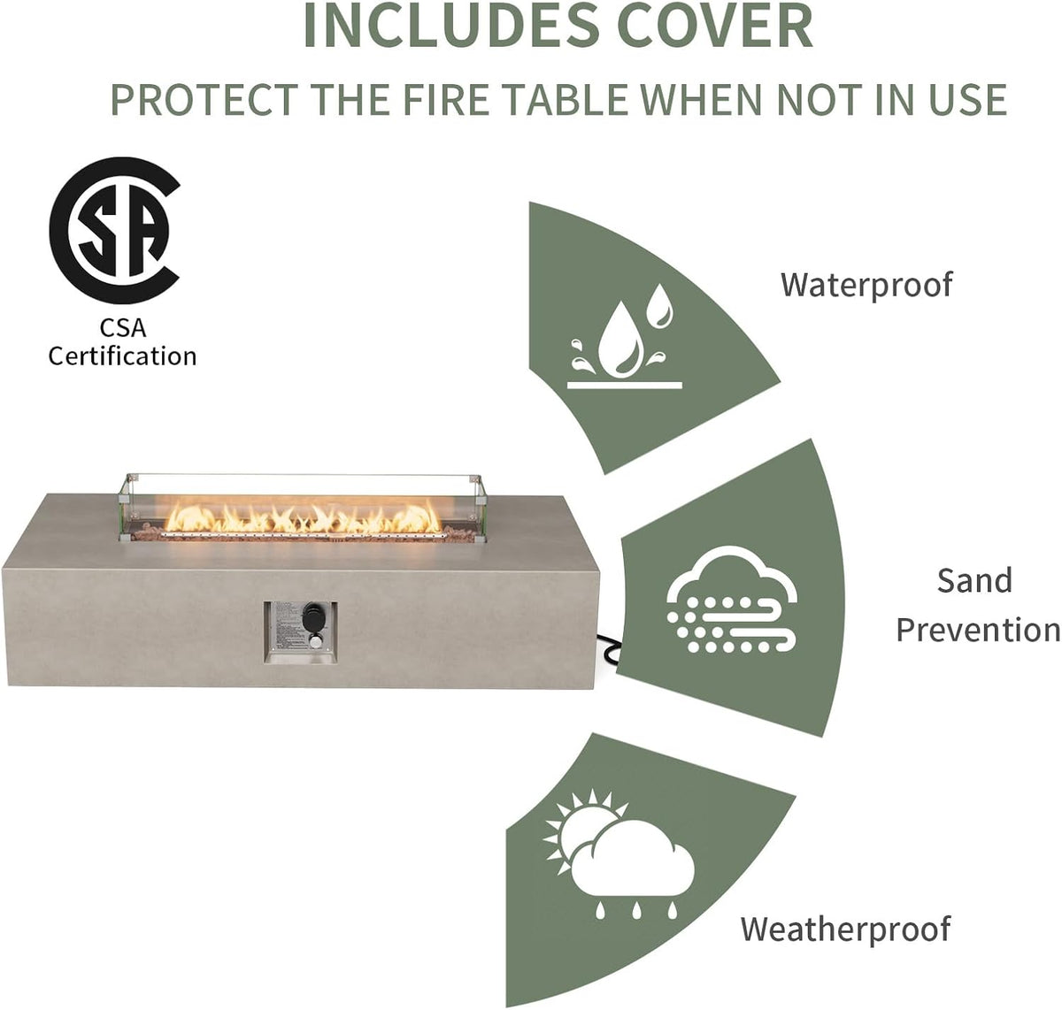COSIEST 2-Piece Outdoor Propane Fire Table Set, Rectangle Concrete 56" x 28" Gray Fire Pit (CSA Certified, 50,000 BTU) w 20lb Tank Table, Wind Guard, Waterproof Cover for Garden, Porch, Backyard