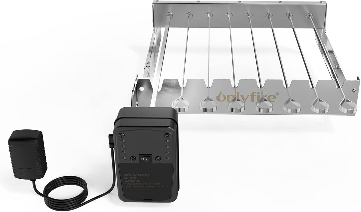 only fire Stainless Steel Electric Skewer Turner, Rotated Grilling Rack Shish Kabob Set with 7 Skewers and Dual-Purpose Rotisserie Motor