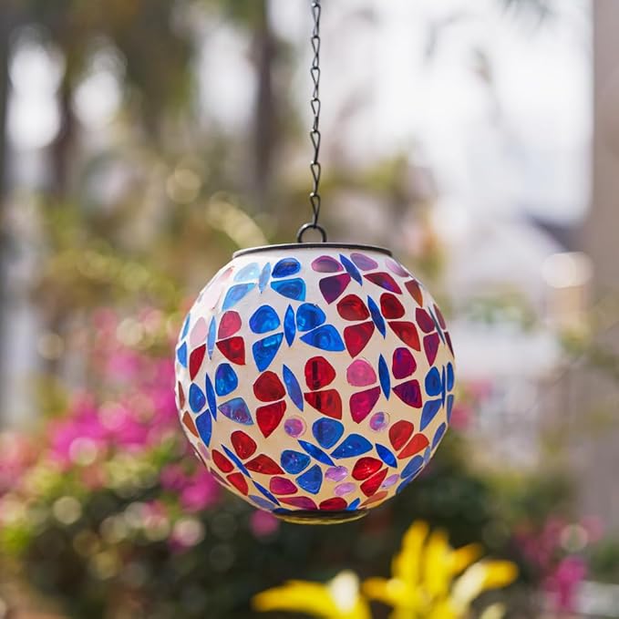 Hanging Solar Lanterns Outdoor Waterproof, Decorative Mosaic Butterfly Solar Lantern, Gazing Ball Globe Hanging Lantern for Patio Garden Yard Home Decor