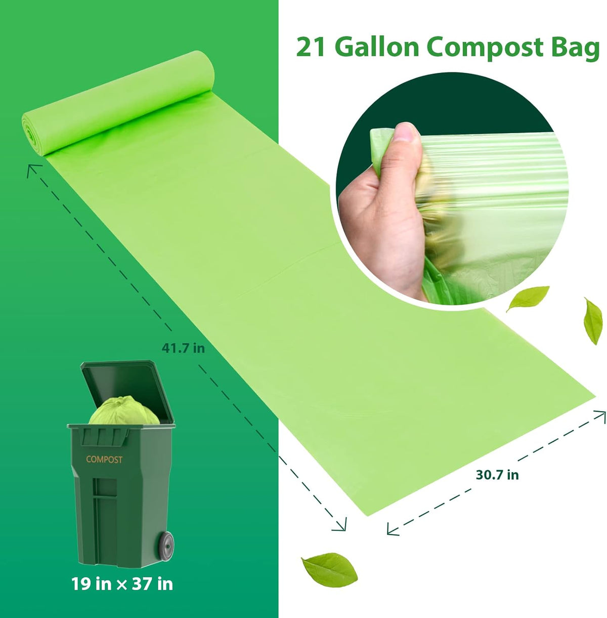Compostable Trash Bags 21 gallon,20 Count,Extra Thick 1.28 Mills,Fits13-25 gallon trash can, Extra Strong and thick,Compostable Lawn & Leaf Yard Waste bags,ASTM D6400,Bpi Certified