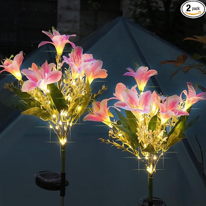 GUOCHENG Lily Flower Solar Lights Outdoor Garden, 2 Pack LED Solar Flower Lights with Lifelike Lily, Waterproof Solar Stake Lily Lights for Courtyard Pathway Flowerbed Lawn Décor(Pink)