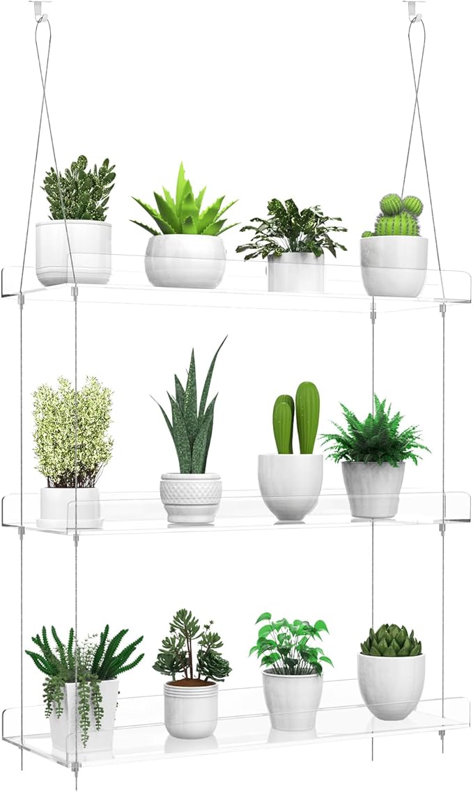 3-Tier Hanging Clear Plant Shelves for Windows, Acrylic Window Wall Plant Stand Shelf for Kitchen Indoor Gardens, Flower, Succulents, Herb, Seedling Organization, and Pots Display, 16 Inch per Tier