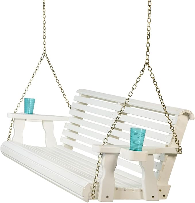 Amish Casual 4 Foot Roll Back Porch Swing with Cup Holders in Semi-Solid White Stain - Amish Made in The USA from Treated Pine Heavy Duty 700 Lb. Weight Capacity